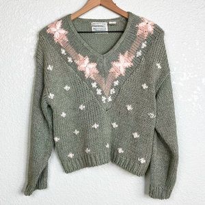 Vintage Shenanigans Long Sleeve Knit Floral Sweater Olive Green Medium